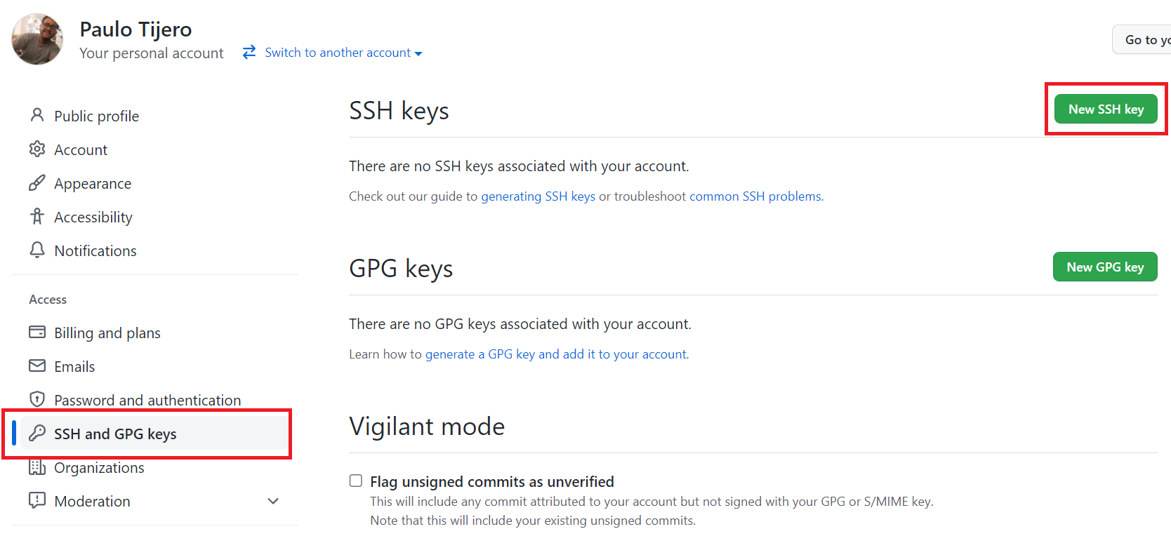 Github Settings - SSH and GPG keys