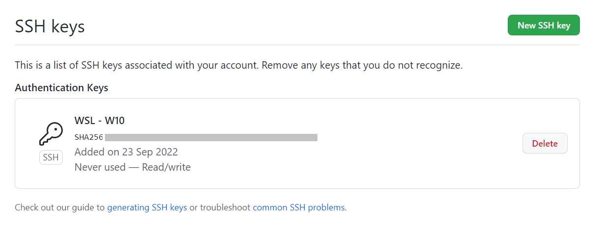 Github Settings - SSH keys - results
